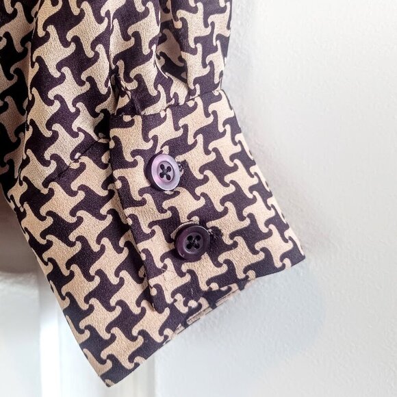 Anne Klein Brown Silk Houndstooth Print Long Sleeve Blouse - Picture 3 of 6